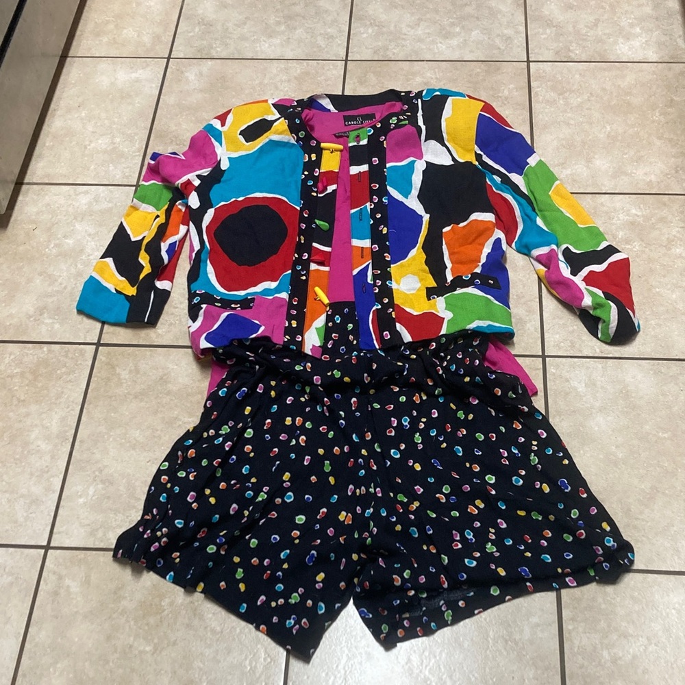 Carole Little Multicolor Abstract jacket, pink top @ Black Polka Dot Shorts Set
